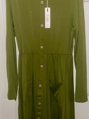 Unbranded Olive Green Long Sleeve Button-Front Dress
